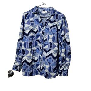 Studio Works Shirt 2X Linen Geometric Artsy Breathable Woven Button Up Boho Blue